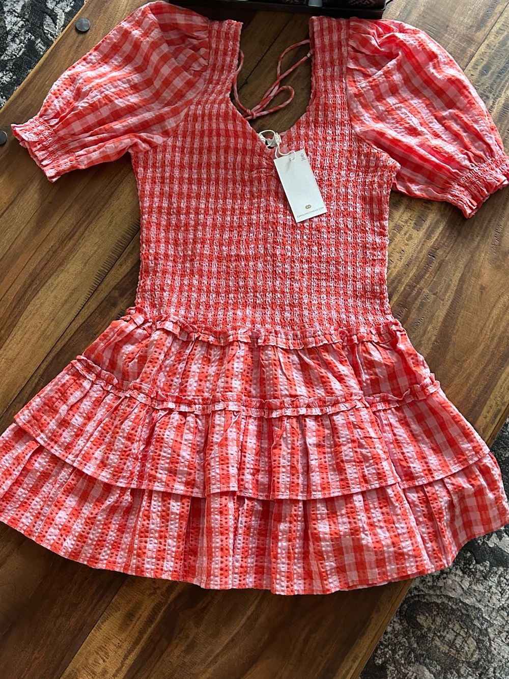 Caroline Constas Coral Pink Gingham Smocked Ruffle Dress